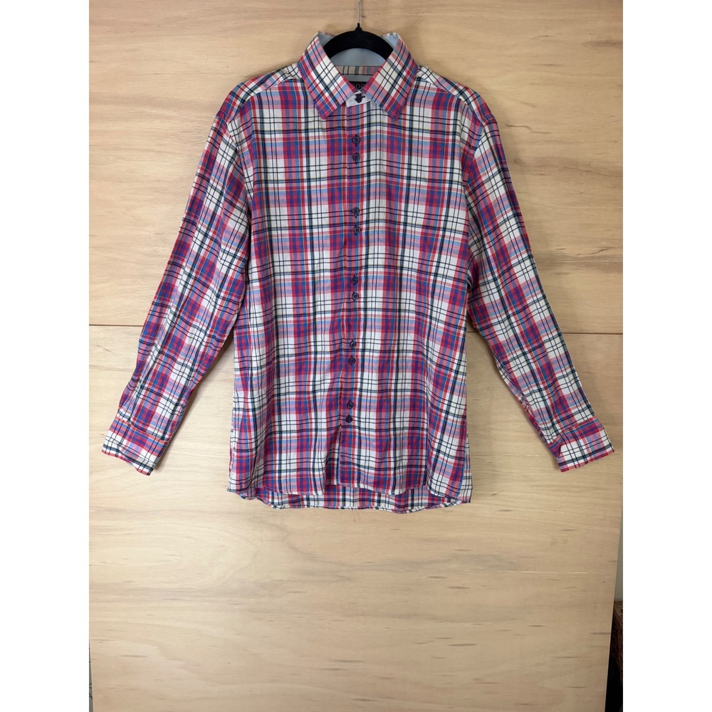 Coogi Classic Mens Plaid Button Down Shirt Red White Blue Long Sleeve Size L 16